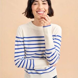 La Ligne 100% Cashmere Cream and Cobalt Blue Striped Crewneck Sweater - Small